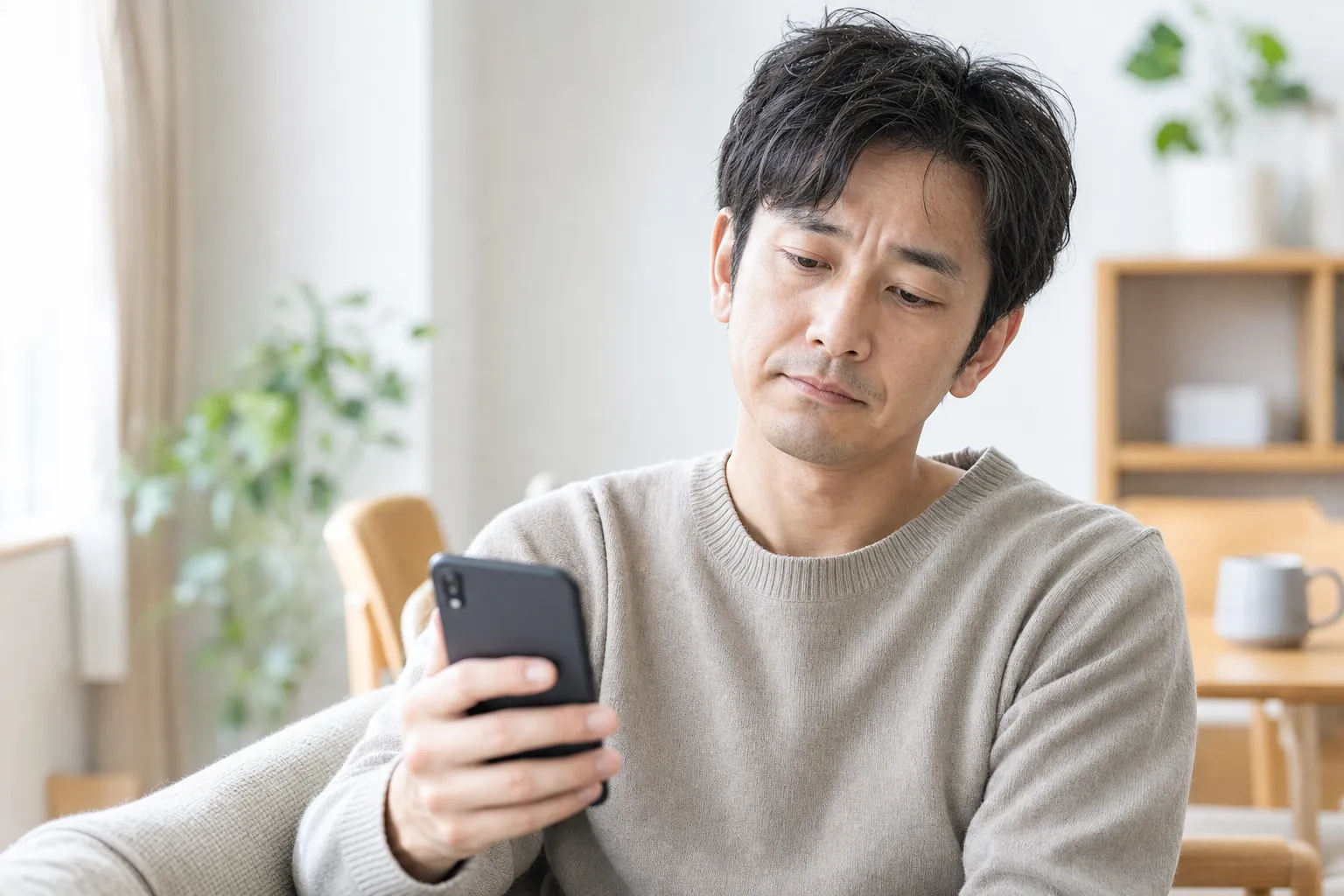 婚活アプリで結果が出ず、スマホを見つめて肩を落とす30代男性