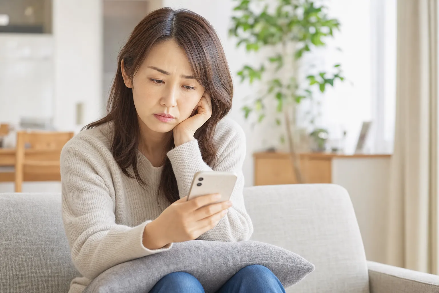 マッチングアプリでの婚活に疲れ、自宅でスマホを見つめる30代女性