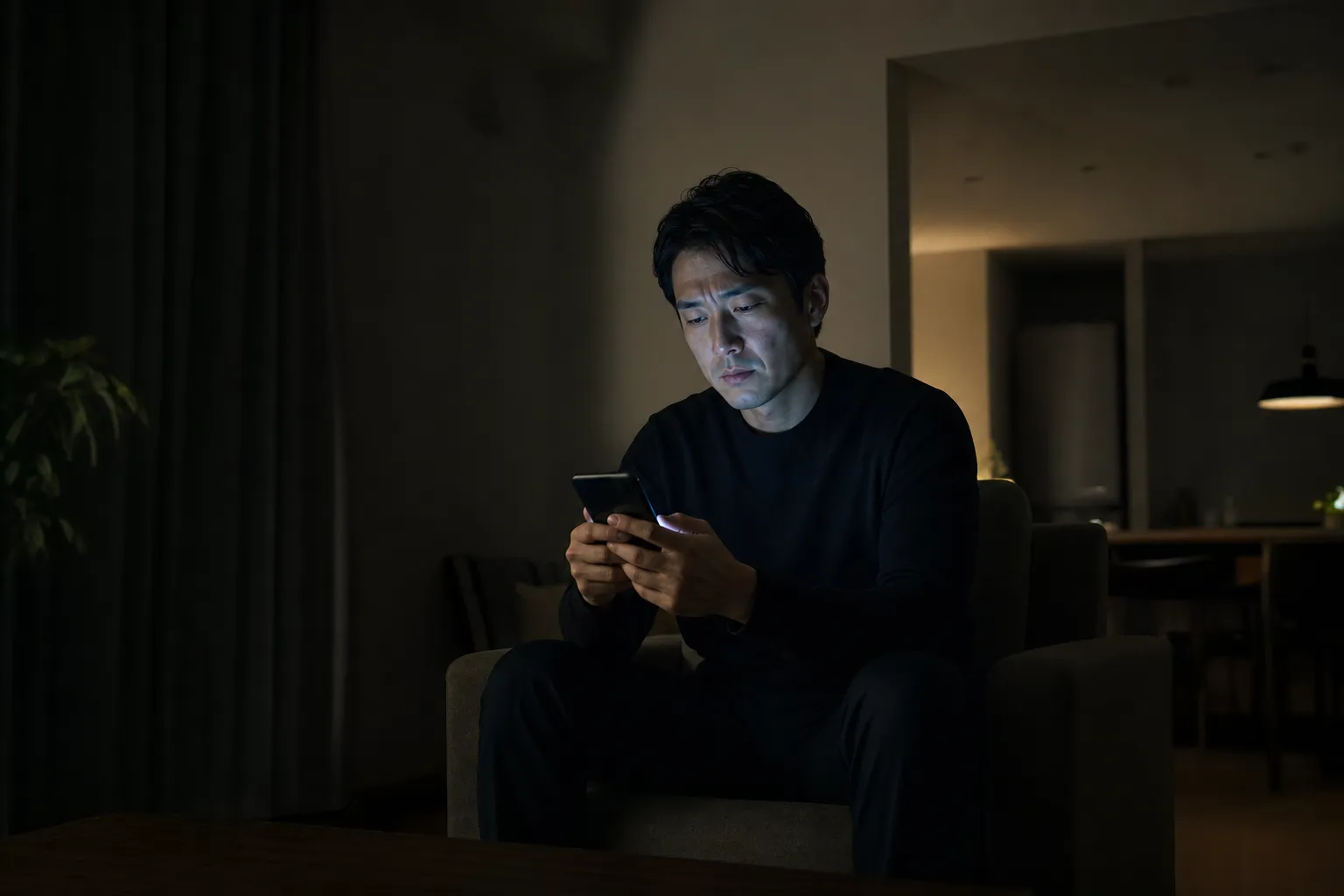 相手のプロフィールに不信感を抱きスマホを見つめる男性
