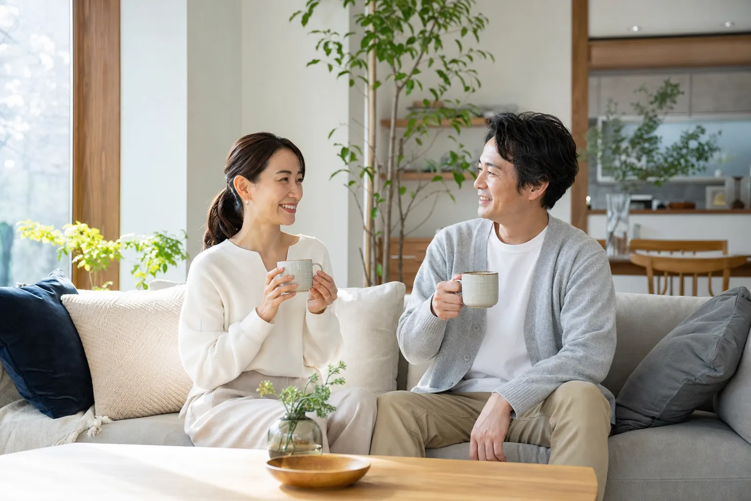 休日の朝にリビングでコーヒーを飲みながら穏やかに過ごす30代の夫婦