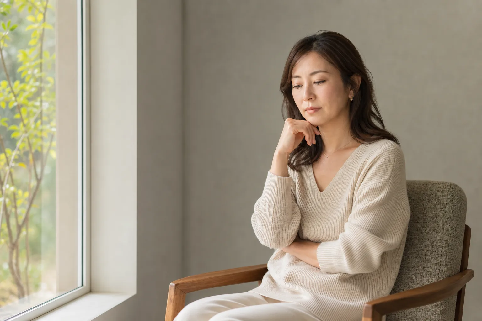 子どもを望まない選択について静かに考える30代後半の女性